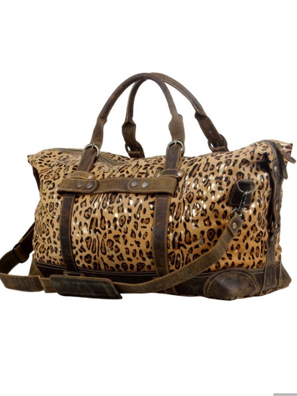 Myra Leopard Print Leather Travel Duffel Bag - Brown Gold Black - Picture 2 of 5